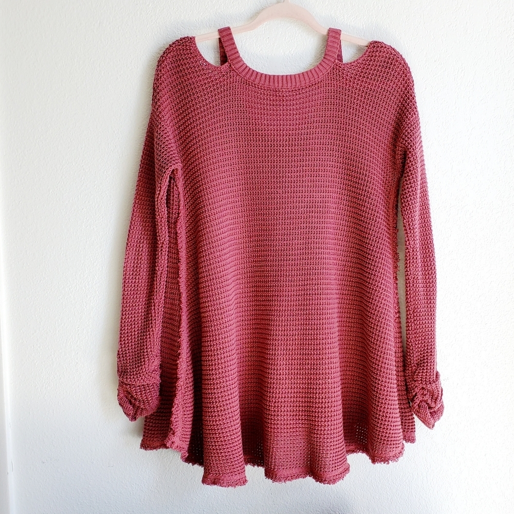 Free People Moonshine  Cold Shoulder V Neck Waffle Weave Thermal Tunic Pink XS - Picture 2 of 8